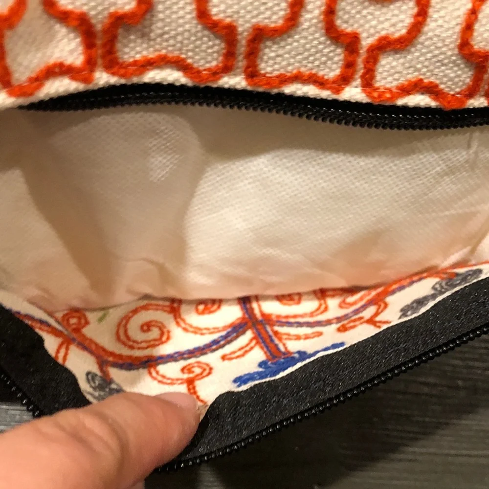 Embroidered Floral Canvas Wristlet Clutch in Cream, Blue & Orange